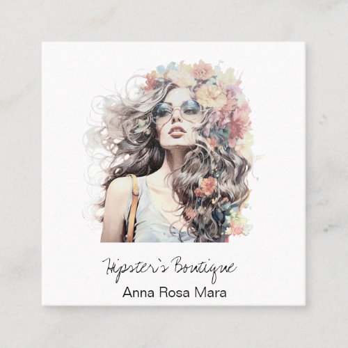  AP57 Boho QR Flowers Hair Blone Hippie Girl  Square Business Card