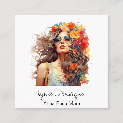  AP57 Boho QR Flowers Hair Bold Hippie Girl  Square Business Card
