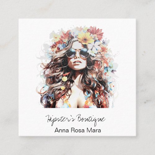  AP57  Boho QR Wild Floral Hippie Woman Square Business Card