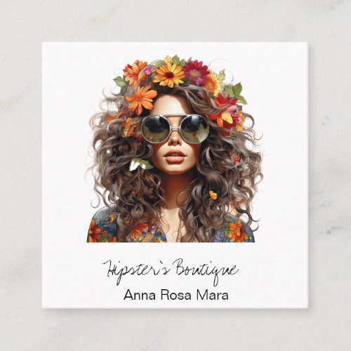 AP57 Orange Boho QR Floral Wild Hippie Girl  Square Business Card