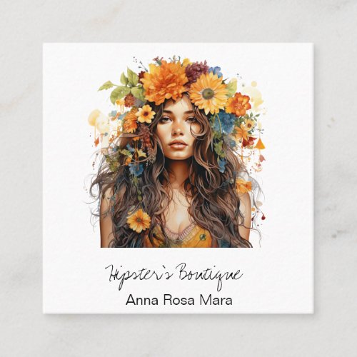  AP57 QR Orange Boho Flowers Hair Hippie Girl  Square Business Card