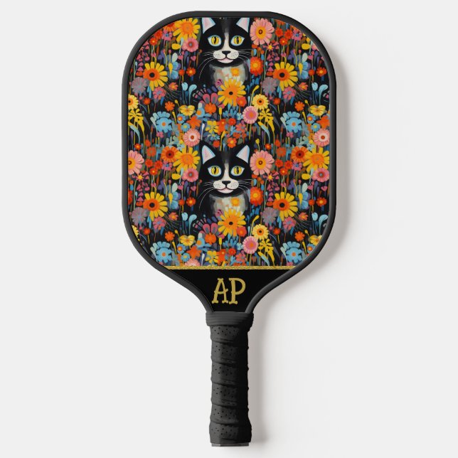 *~* AP68 Floral Whimsical Quirky Cat PHOTO 7 Pickleball Paddle (Front)