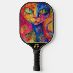 *~* AP68 Whimsical Quirky Cat Vibrant Colorful 8 Pickleball Paddle