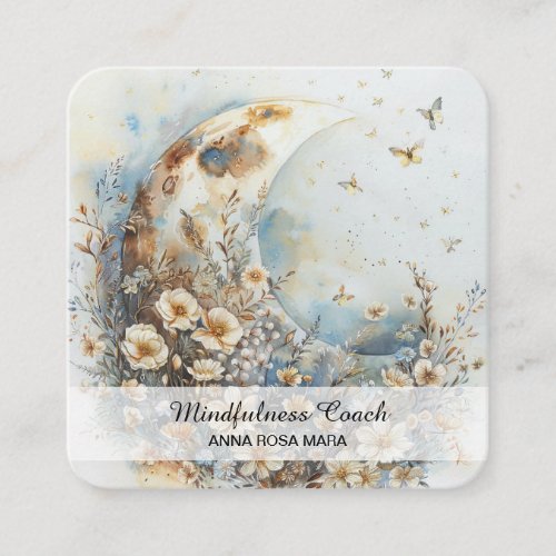  AP70 Ethereal Crescent Moon Flowers QR Floral Square Business Card