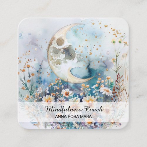  AP70 Ethereal Full Moon Flowers QR Floral Square Business Card