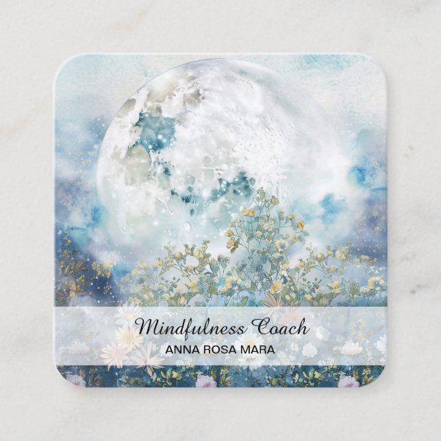 *~* AP70 Ethereal Pastel Moon Flowers QR Floral Square Business Card (Front)
