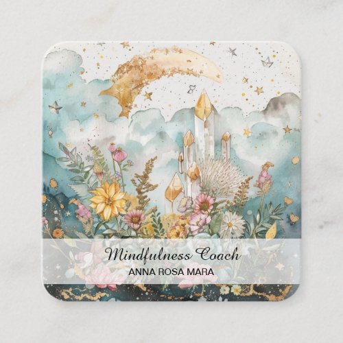  AP70 Ethereal Rising Moon Flowers QR Floral Square Business Card