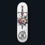*~* AP88 Fire Medieval Sword Floral Floral Skateboard<br><div class="desc">(Search code AP88 to find similar items ) Easily Transfer to other Zazzle Products. WHITE background Skateboard with LAVENDER FLOWERS MEDIEVAL SWORD for dragon slayers with FLOWERS / FLORAL elements and with RING of FIRE / FLAMES / FLAME and Letter , INITIAL MONOGRAM for your name - Keep or edit...</div>