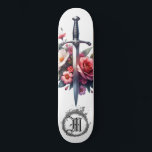 *~* AP88 Fire Medieval Sword Flower Floral Skateboard<br><div class="desc">(Search code AP88 to find similar items ) Easily Transfer to other Zazzle Products. WHITE background Skateboard. MEDIEVAL SWORD for dragon slayers with FLOWERS / FLORAL elements and with RING of FIRE / FLAMES / FLAME and Letter , INITIAL MONOGRAM for your name - Keep or edit or delete the...</div>
