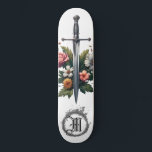 *~* AP88 Medieval Sword Flower Floral Fire Skateboard<br><div class="desc">(Search code AP88 to find similar items ) Easily Transfer to other Zazzle Products. WHITE background Skateboard. MEDIEVAL SWORD for dragon slayers with FLOWERS / FLORAL elements and with RING of FIRE / FLAMES / FLAME and Letter , INITIAL MONOGRAM for your name - Keep or edit or delete the...</div>
