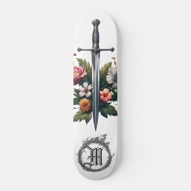 *~* AP88 Medieval Sword Flower Floral Fire Skateboard (Front)