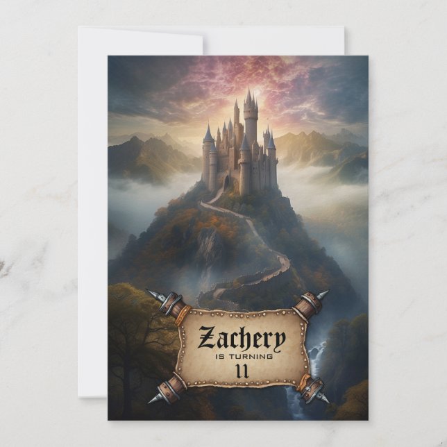 *~* AP88 Mountain Castle Medieval Fantasy Birthday Invitation (Front)
