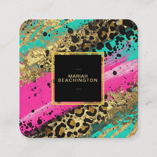 **  AP93 Abstract Gold Leopard Animal Neon Bold  Square Business Card (Front)