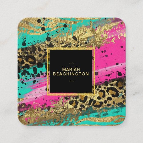 **aP93 Leopard Abstract Animal Neon Gold Bold Square Business Card
