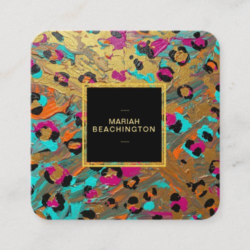 ** AP93 Leopard Animal Neon Bold Abstract Gold Square Business Card