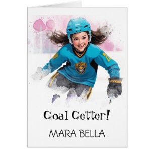 *~* AP94 Cute Hockey Girls 2 Personalize Birthday Cards