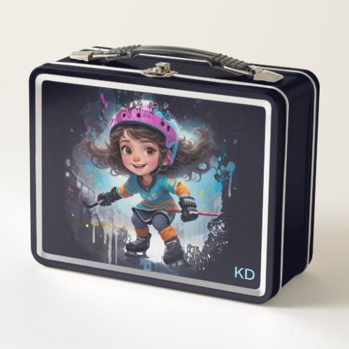 *~* AP94   Ice Hockey Girl Player Cute 22 Initials Metal Lunch Box