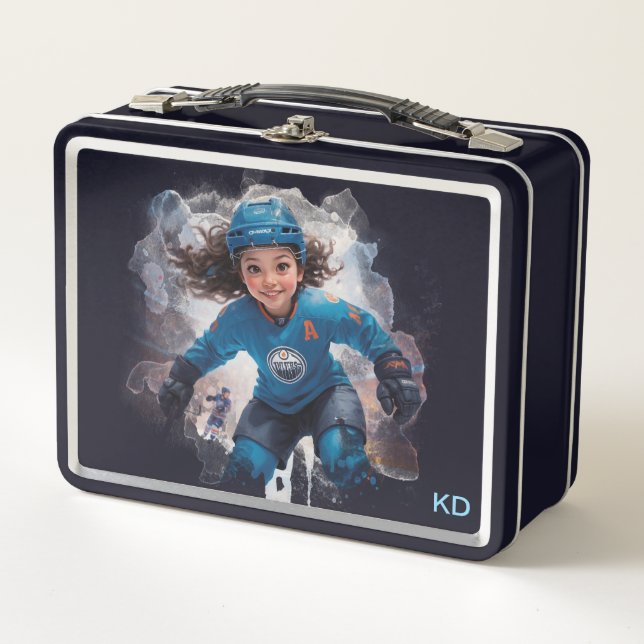 *~* AP94   Ice Hockey Girl Player Cute Initials Metal Lunch Box (Front)