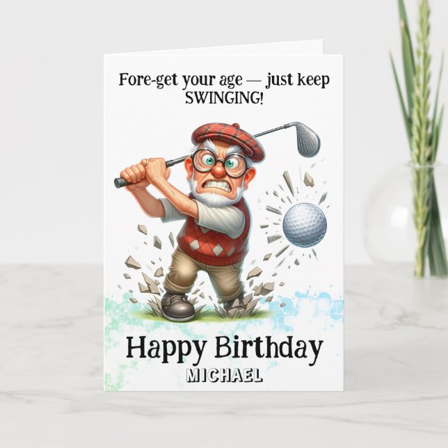 *~* AP94 Senior Man Golf Swinging Birthday Card (Front)