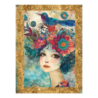 *~ AP95 Whimsical Woman Floral Gold Glitter art Photo Print