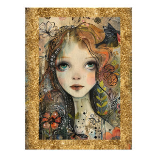 *~ AP95 Whimsical Woman Gold Glitter Floral Photo Print
