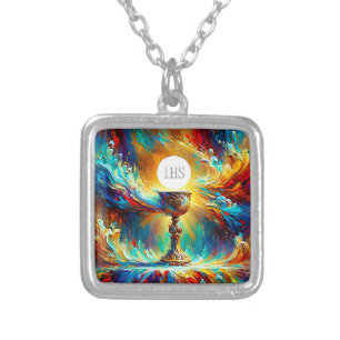 AP Communion Host and Chalice Expressionist Effect Silver Plated Necklace