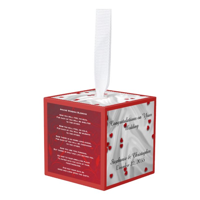 Apache Wedding Blessing Personalized Red Hearts Cube Ornament (Front Angled)