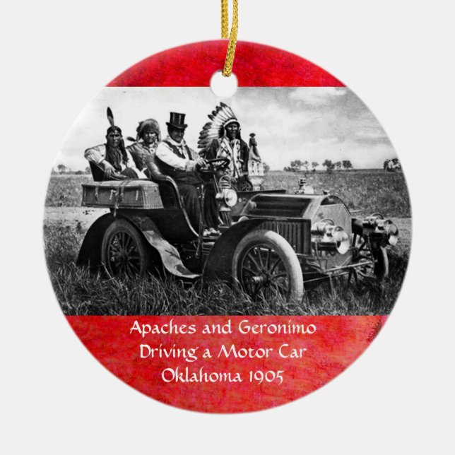 APACHES AND GERONIMO DRIVING A MOTOR CAR CERAMIC ORNAMENT (Front)