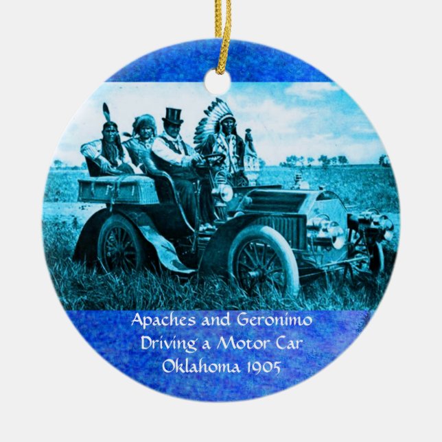 APACHES AND GERONIMO DRIVING A MOTOR CAR CERAMIC ORNAMENT (Front)