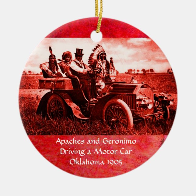 APACHES AND GERONIMO DRIVING A MOTOR CAR CERAMIC ORNAMENT (Front)