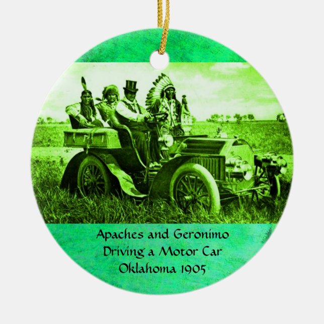 APACHES AND GERONIMO DRIVING A MOTOR CAR CERAMIC ORNAMENT (Front)