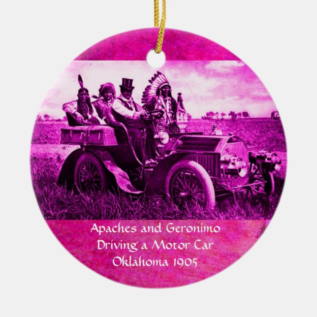 APACHES AND GERONIMO DRIVING A MOTOR CAR CERAMIC ORNAMENT (Front)