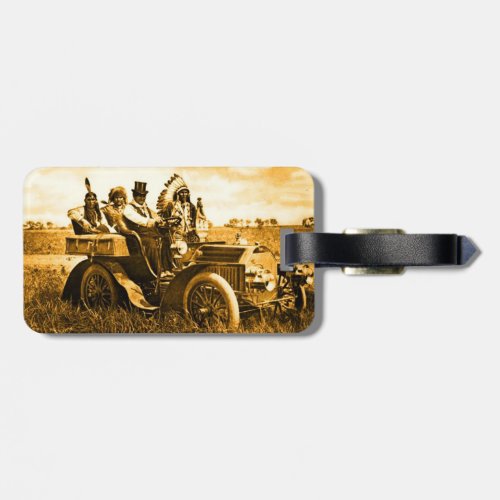 APACHES AND GERONIMO DRIVING A MOTOR CAR LUGGAGE TAG
