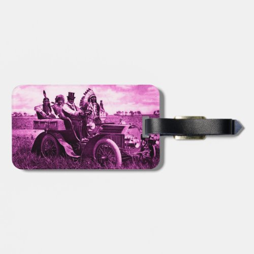 APACHES AND GERONIMO DRIVING A MOTOR CAR LUGGAGE TAG