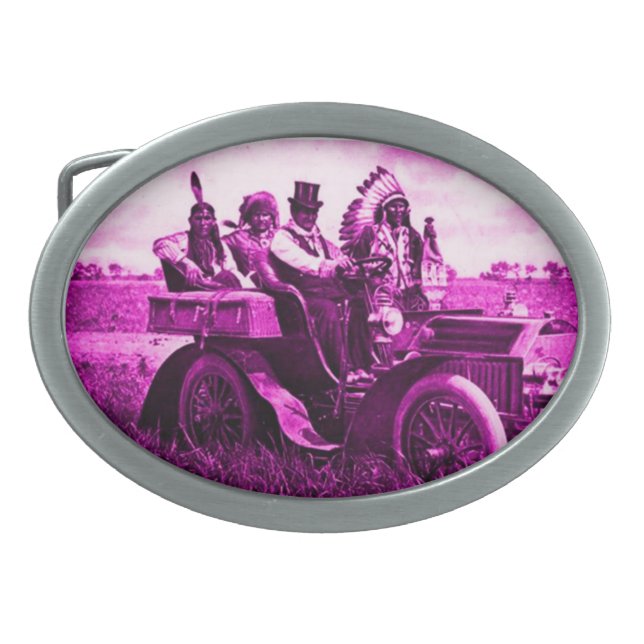 APACHES AND GERONIMO DRIVING A MOTOR CAR OVAL BELT BUCKLE (Front)