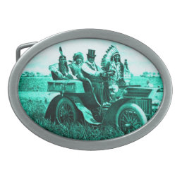 APACHES AND GERONIMO DRIVING A MOTOR CAR OVAL BELT BUCKLE