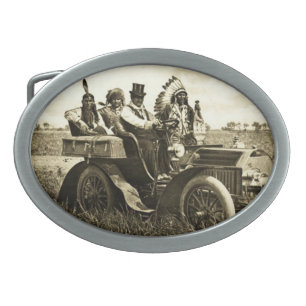 APACHES AND GERONIMO DRIVING A MOTOR CAR OVAL BELT BUCKLE
