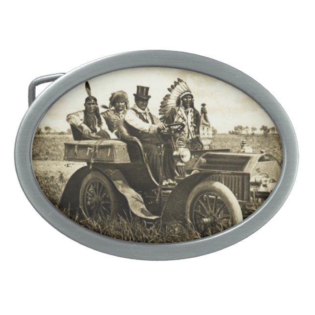 APACHES AND GERONIMO DRIVING A MOTOR CAR OVAL BELT BUCKLE (Front)