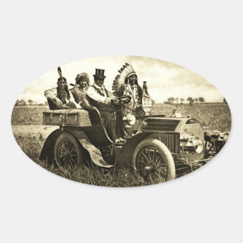 APACHES AND GERONIMO DRIVING A MOTOR CAR OVAL STICKER