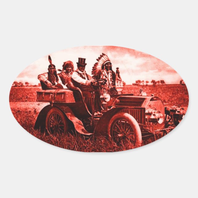 APACHES AND GERONIMO DRIVING A MOTOR CAR OVAL STICKER (Front)