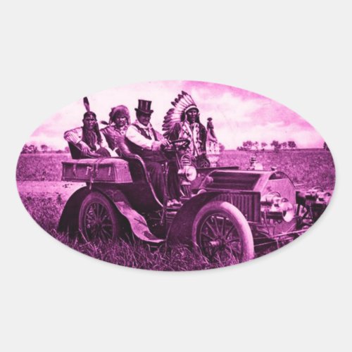 APACHES AND GERONIMO DRIVING A MOTOR CAR OVAL STICKER