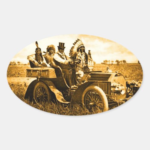 APACHES AND GERONIMO DRIVING A MOTOR CAR OVAL STICKER