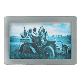 APACHES AND GERONIMO DRIVING A MOTOR CAR RECTANGULAR BELT BUCKLE