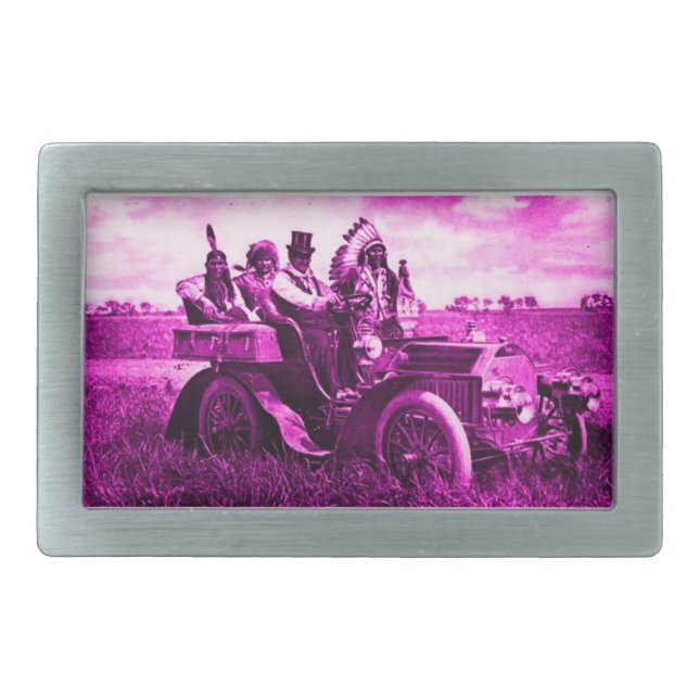APACHES AND GERONIMO DRIVING A MOTOR CAR RECTANGULAR BELT BUCKLE (Front)