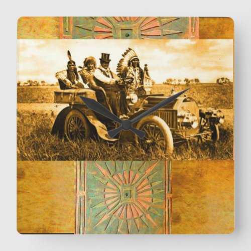 APACHES AND GERONIMO DRIVING A MOTOR CAR SQUARE WALL CLOCK