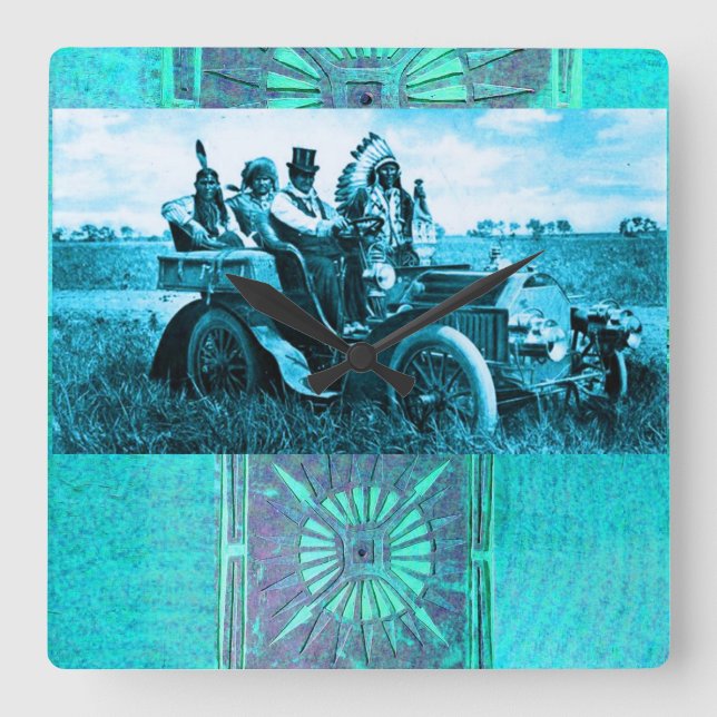 APACHES AND GERONIMO DRIVING A MOTOR CAR SQUARE WALL CLOCK (Front)