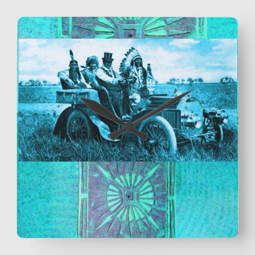 APACHES AND GERONIMO DRIVING A MOTOR CAR SQUARE WALL CLOCK