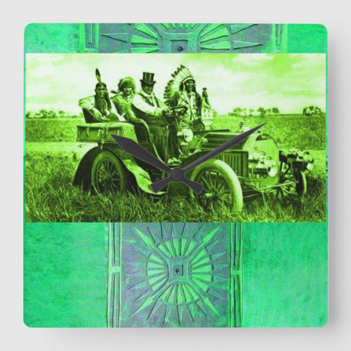 APACHES AND GERONIMO DRIVING A MOTOR CAR SQUARE WALL CLOCK