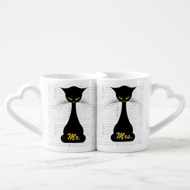 APAL: Black Cat Meow Mr. & Mrs. Coffee Mug Set (Front Nesting)