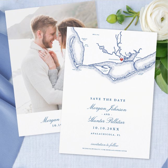 Apalachicola Florida Elegant Navy Wedding Save The Date (Apalachicola Wedding Save the Date with Elegant navy blue Florida map from Coastal Map Designs)